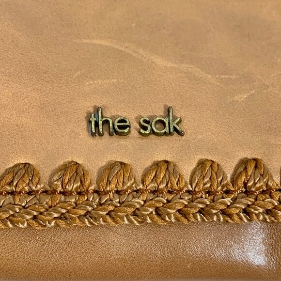 Minimalist THE SAK Flora Soft Leather Small Satchel Crocheted Trim Camel Tan - Picture 2 of 13